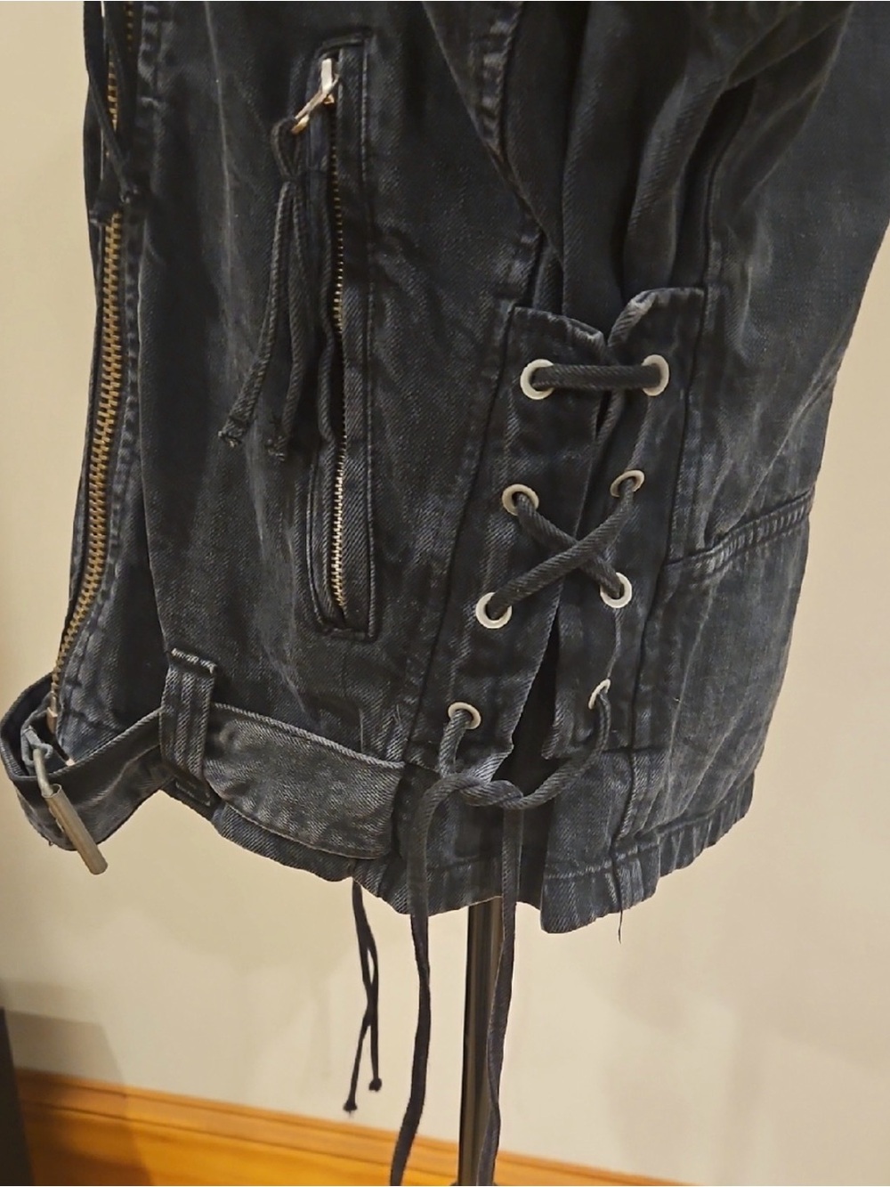 Free People NWTWashed Black Denim Moto Jacket with corset style laces & buckle - Picture 4 of 11